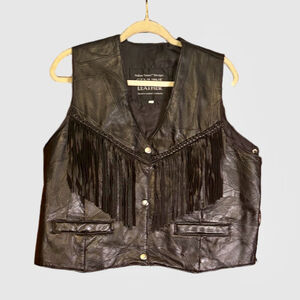 Italian Stone Design Genuine Leather Fringe Vest Black Size 2X
